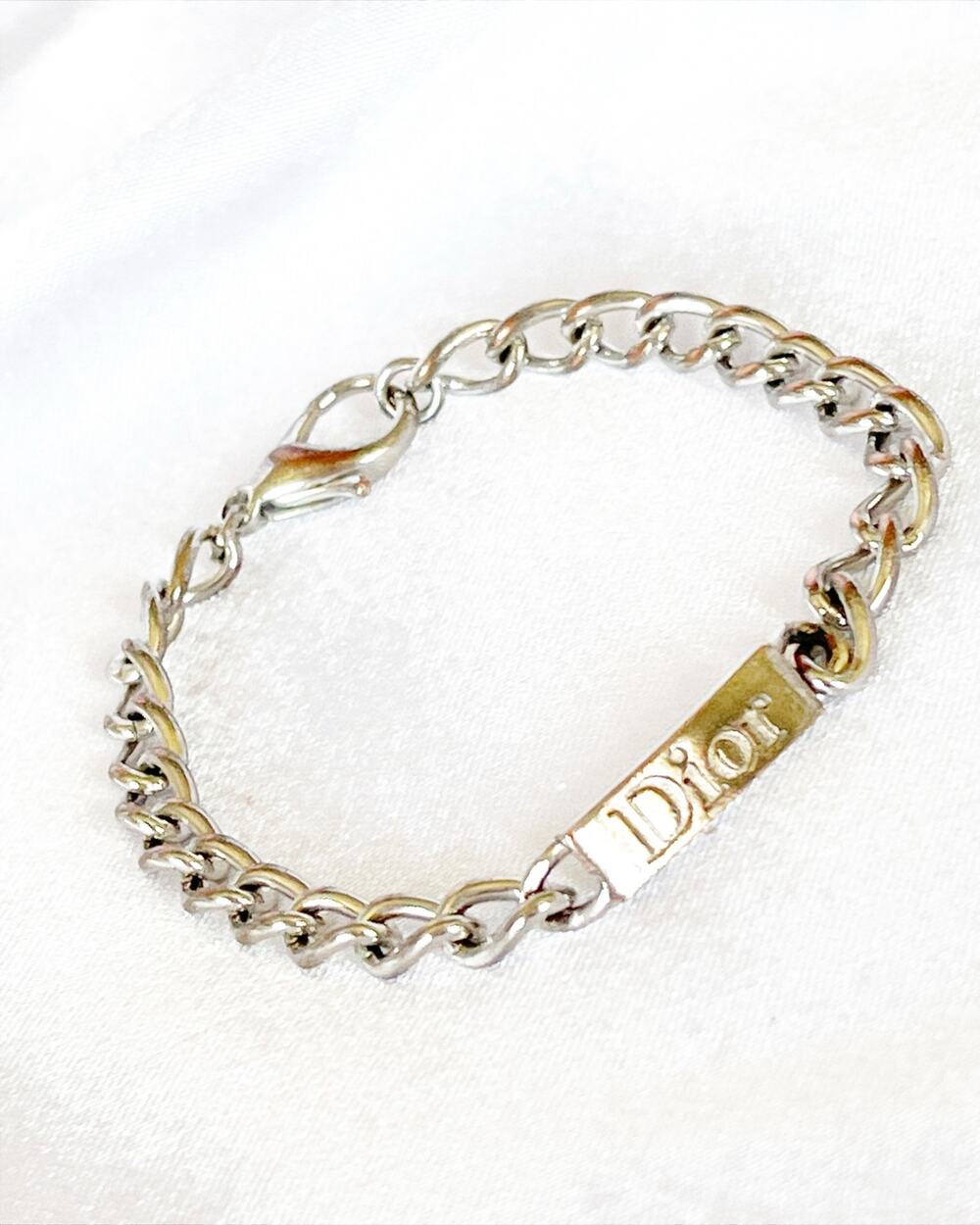CHRISTIAN DIOR ID Bracelet Vintage SilverPlated Curb Chain Rectangular Dior Logo